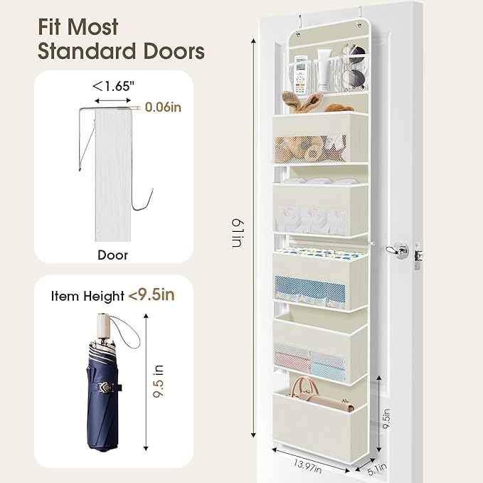 6-Tier Over The Door Organizer, Hanging Storage Organizer with Clear Window, 40lb Ultra Sturdy Large Capacity Room Organizer for Pantry Bathroom Nursery Closet Baby Essential (Beige)