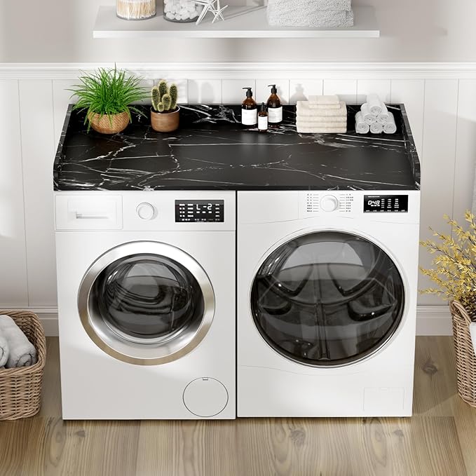 Washer Dryer Countertop, 27.5 x 54 Inch Washer and Dryer Countertop for Laundry Room Organization with Edge Wooden, Black Marble