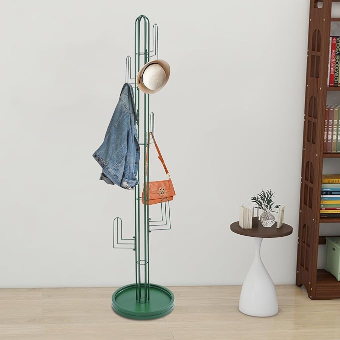 Cactus Coat Rack, Freestanding Coat Rack With 6 Hooks, Modern Metal Coat Racks with Round Base, Gold Cactus Shape Clothing Stand for Bedroom, Office (Green)