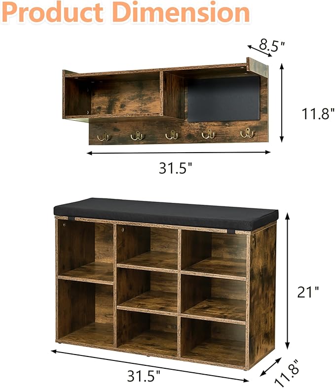 Entryway Shoe Bench with Coat Rack, Cushioned Storage Seat with Cubbies, Shoe Rack Bench for Front Door Entrance, Hall Tree with Hooks, Blackboard & Extra Storage for Entryway, Hallway & Living Room