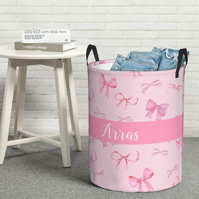 Personalized Laundry Basket for Nursery, Custom Nursery Laundry Hamper with Name, Customize Baby Clothes Circular Hamper for Boys Girls Room Decor, Pink Bows