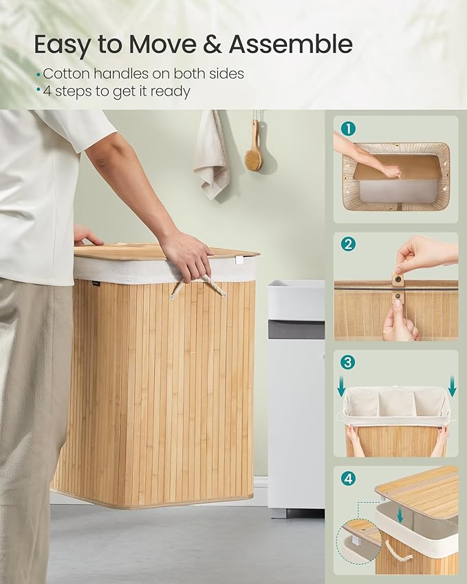 SONGMICS Laundry Hamper, 39.6 Gal. (150 L), 3-Section Laundry Basket, Laundry Hamper with Lid, Bamboo, Foldable, Removable and Machine Washable Liner, for Laundry Room, Bedroom, Natural ULCB091N01