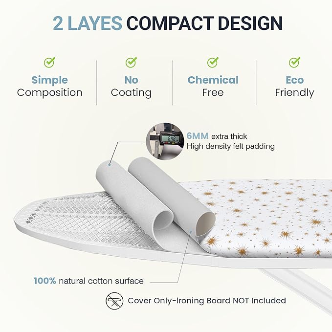 Ironing Board Cover and Pad 15"x54" Extra Thick Natural Cotton, Scorch and Stain Resistant Padding, Standard Size Iron Board Cover with Fasteners Heavy Duty Elastic Edge, Heatproof Starlight