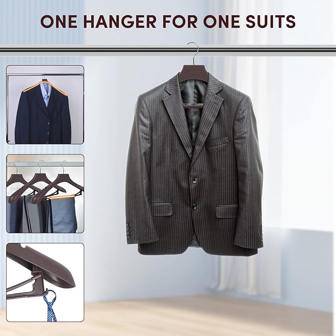 Suit Hangers for Men 50 Pack, Brown Coat Hangers Extra Wide Non Slip Width 17.7", Thick Plastic with Pants Bar & Metal Hook