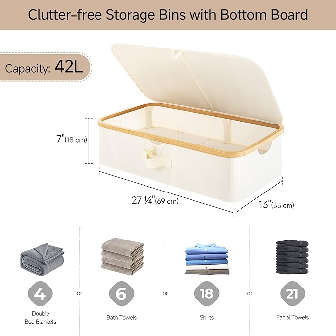 StorageWorks 2-Pack Underbed Storage Box with Bamboo Frame, 42L Flip-Top Under Bed Container for Blankets, Bed Sheets, Coverlets and Towels, Beige