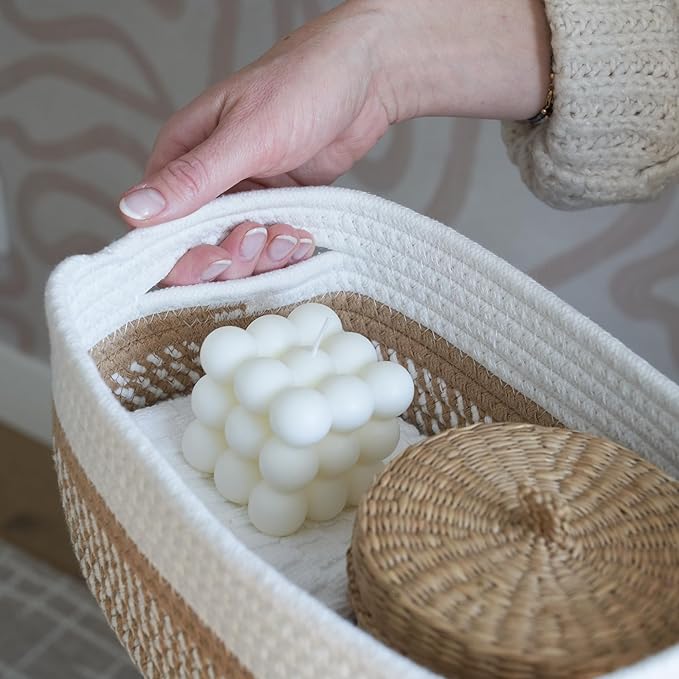 Beautiful Storage Basket Set of 3 - Sturdy Cotton Rope Baskets for Shelves Are Perfect for Organizing Your Home - Quality Storage Bins Easily Fit With Any Nursery or Bedroom Decor