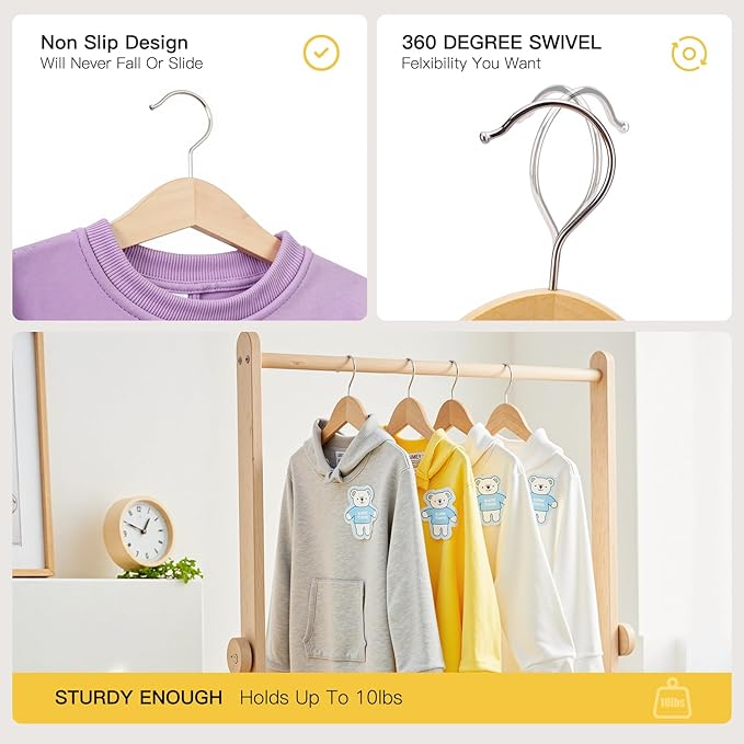 Kid Hangers 30 Pack Soild Wooden Hanger,Natural Smooth Finish Wooden Baby Hangers with Non Slip Notches & Anti-Rust 360 Swivel Hook,Durable Toddler Hanger for Coat,Shirt,Dress