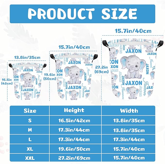 Personalized Laundry Hamper Custom Kids Dirty Clothes Hamper with Name Storage Basket for Bathroom Bedrooms Nursery for Baby Girls Boys Adults (Style-Blue Elephant)