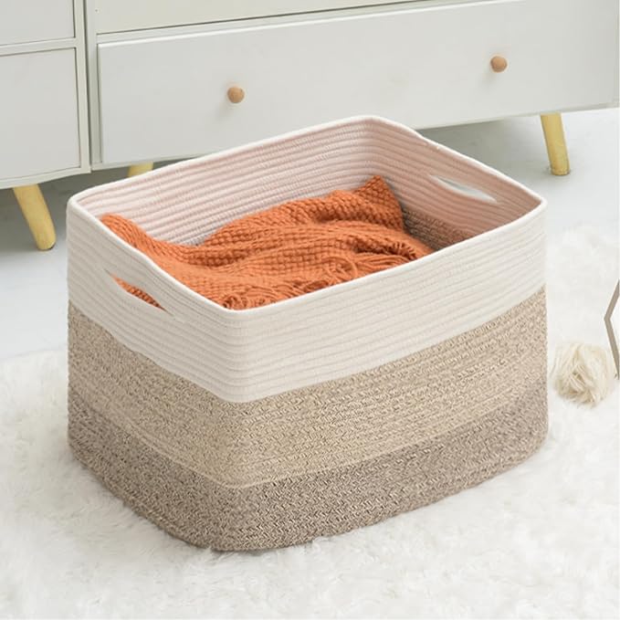 Large Blanket Basket Living Room, Storage Basket, Large Woven Baskets for Storage, Cotton Rope Baskets for Toys, 22”x17”x12”, Gradient Yellow, 75L