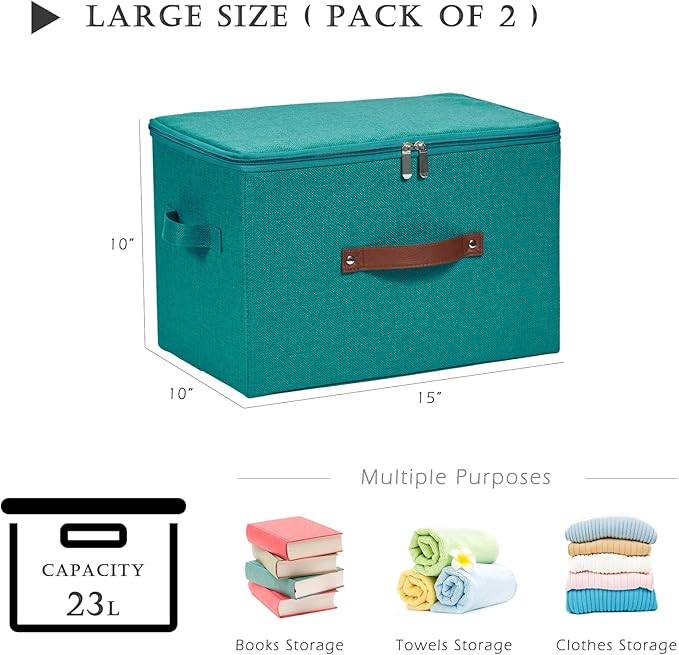 2 Pack Storage Bins with Zipper Lid Cotton Linen Fabric Lidded Storage Baskets Boxes Foldable Washable Closet Shelf Clothes Organizer Container with PU Leather Handles (Teal Blue, Large)