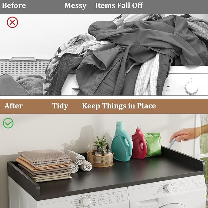 Washer Dryer Countertop, 27.5" D x 54" W x 3.2" H, Countertop for Washer and Dryer with Non-Slip Pads and Round Corner Edge Rails, Laundry Room Organization(Black)