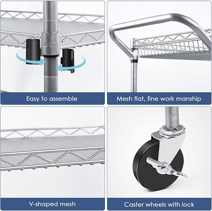 WDT Heavy Duty 3 Tier Utility Cart,990Lbs Capacity Wire Rolling Cart with Wheels, Commercial Grade Service Cart with Shelving Liners and Handle Bar Metal Carts for Kitchen Office Hardware, NSF Listed