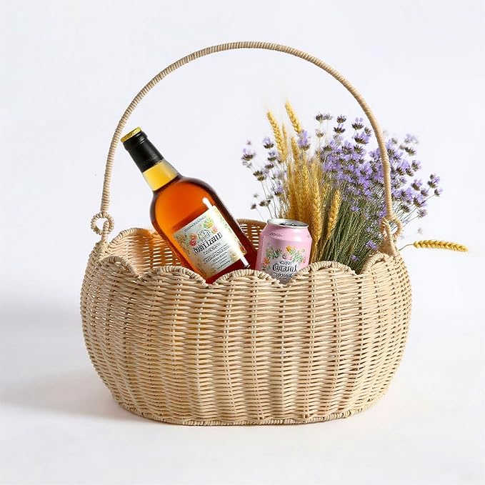 Scalloped Round Basket with Handle, Super Sturdy Wicker Storage Baskets, Hand Woven Basket for Shelves,Natural Baskets for Organizing (White Rattan 12.6"*9"*6.1")
