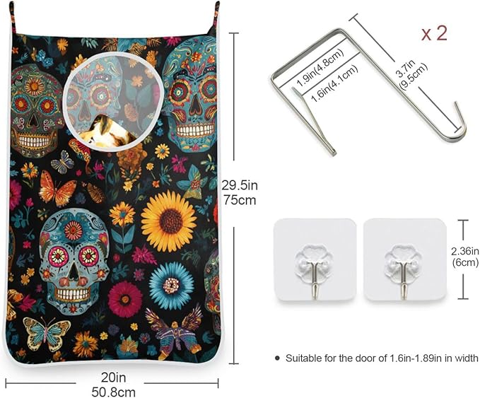 Mexican Skulls and Flowers Hanging Laundry Hamper Door Hampers Bag Basket with Stainless Steel Hooks Oxford Fabric Printing Decorative Clothes Bags 29.5X20inch 1Pack