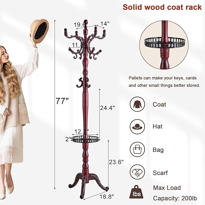 Coat Racks Freestanding, Natural Wood Coat Stands with 14 Hooks, 73" Heavy Duty Adjustable Height Vintage Hall Tree for Entryway, Bedroom, Office, Easy Assembly (Rosewood Tray)