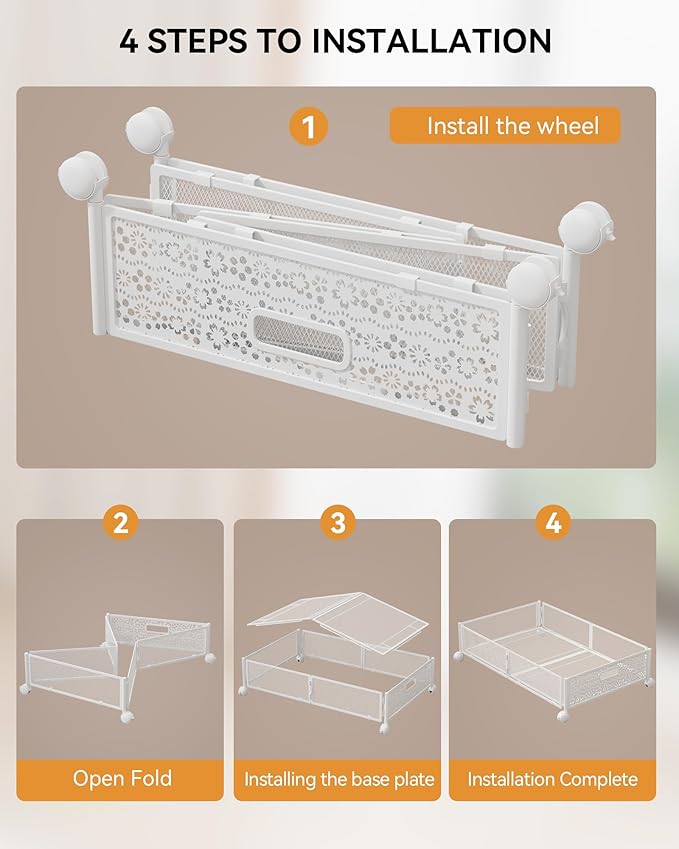 Under Bed Storage with Wheels, Foldable Pattern Carved Metal Under The Bed Storage, Tool-Free Assembly Underbed Storage, 60L Underbed Storage for Bedroom Clothes Blankets Shoes Toys