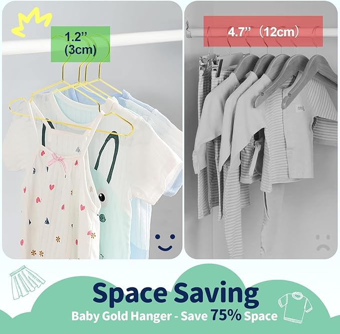 SPECILITE 60 Pack 11.8” Gold Kids Baby Metal Hangers with Notches for Toddler Clothes, Shirt, Children Coats, Infant Dress, Pants, 0.12" Thick Space Saving, Heavy Duty