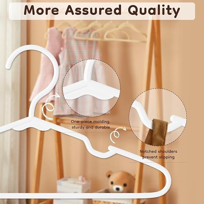 VTRIN Baby Hangers 100 Pack Large Capacity Hard Plastic Kids Hangers Suitable for All Clothes of Infant and Toddler, Such as Short, Shirts and Thick Coats, Children Hangers for Kids Clothes