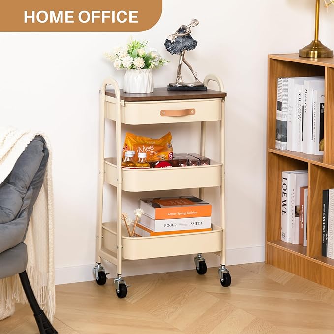 AGTEK Rolling Cart with Drawer, 3 Tier Movable Metal Utility Organizer with Wooden Board, Mobile Trolley Cart for Home & Office, Beige