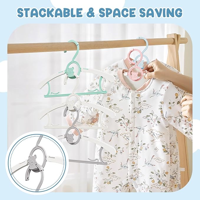 50 Pack Kids Hangers for Nursery Closet, Adjustable Non-Slip Toddler Baby Hangers with Windproof Buckle, 11-14" Infant Child Plastic Clothes Pant Hanger for Boys Girls Newborn Adult, Multi