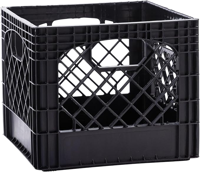 Plastic Milk Crate Storage Tote with Handles, 16-Quart Stackable Cube Organizer for Garage, Home, and Office, Made in the USA, 13" x 13" x 11" (1-Pack) - Black