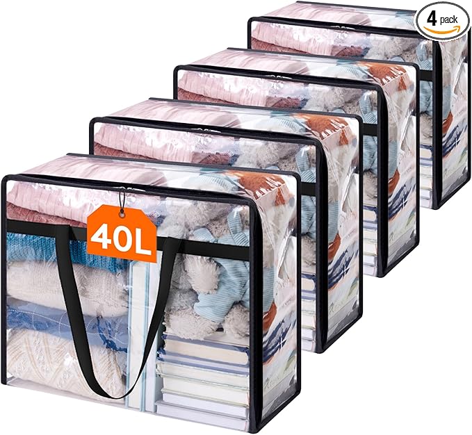 Lifewit 4 Pack Clear Clothes Storage Bags, 40L Plastic Blanket Storage Bag, Vinyl Foldable Moving Bags with Zipper, Closet Organizers and Storage Containers for Bedding, Duvet, Comforter