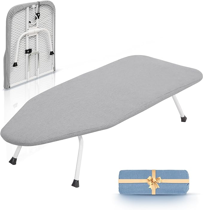 STORAGE MANIAC Tabletop Ironing Broad, All Iron Frame Mini Folding Ironing Broad with 2 Removable Cover, Portable Small Iron Mat with 7 mm Thick Pad for Laundry Room, Dorms - Silver & Blue