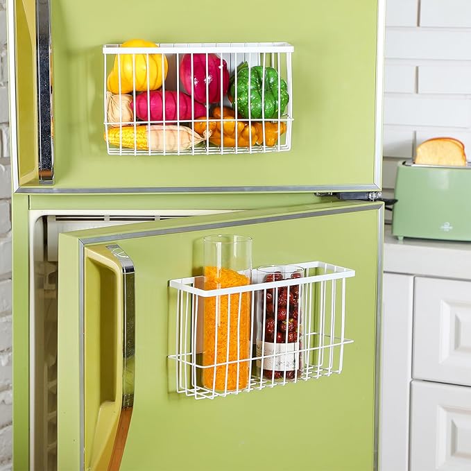 Menkxi 3 Pcs Magnetic or Adhesive Refrigerator Organizer Magnetic Baskets Kitchen Holder for Refrigerator Metal Shelf Rack Storage with 2 Types of Installation(White)