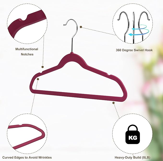 Quality Children's Plastic Non Velvet Non-Flocked Thin Compact Hangers Swivel Hook for Shirts Blouse Coats (Raspberry, 240)