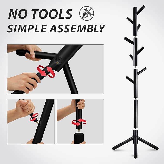 Durable Wooden Coat Rack, Freestanding Coat Rack with Stable Triangular Base, 8 Hooks & 3 Adjustable Heights, Simple Assembly for Bedroom, Hallway, Office(New Black)