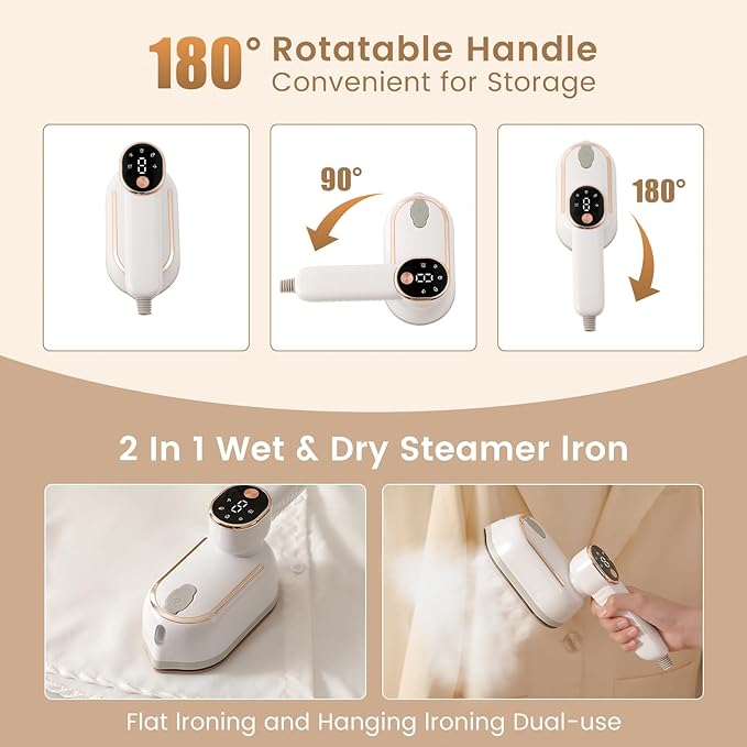 Portable Clothing Steamer, 1000W Clothing Wrinkle Remover, 3+1 Steam Adjustment Multifunctional Hanging Iron with LED Digital Display Screen, 130ml, with Water Shortage Warning, Safe Use (White)