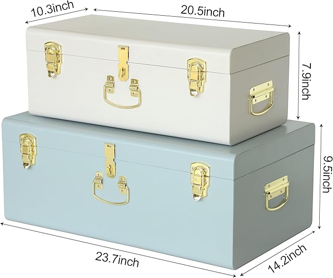 Vixdonos Decorative Large Metal Box Storage Trunk Chest Set of 2 College Dorm Organizer with Hardware Hasps and Handle for Home Deocr,23.7X14.2X9.5 Inches(White and Blue)