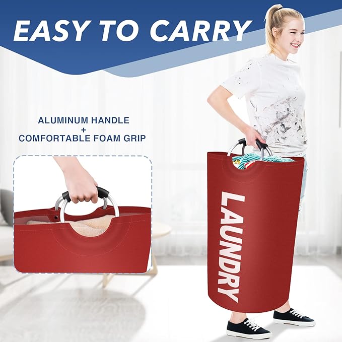 75L Large Laundry Basket, Freestanding Waterproof Laundry Hamper, Collapsible Folding Tall Clothes Hamper, Easy Carry with Foam Protected Aluminum Handles for Dorm, Family, Travel (Red)