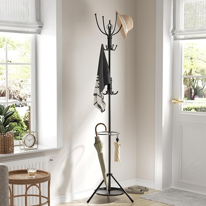 Coat Rack Freestanding - 67" H Black Metal Coat Rack Stand with Umbrella Holder with 12 Hooks for Bathroom Bedroom Entryway Living Room & Office for Hats, Coats, Scarves, Handbags