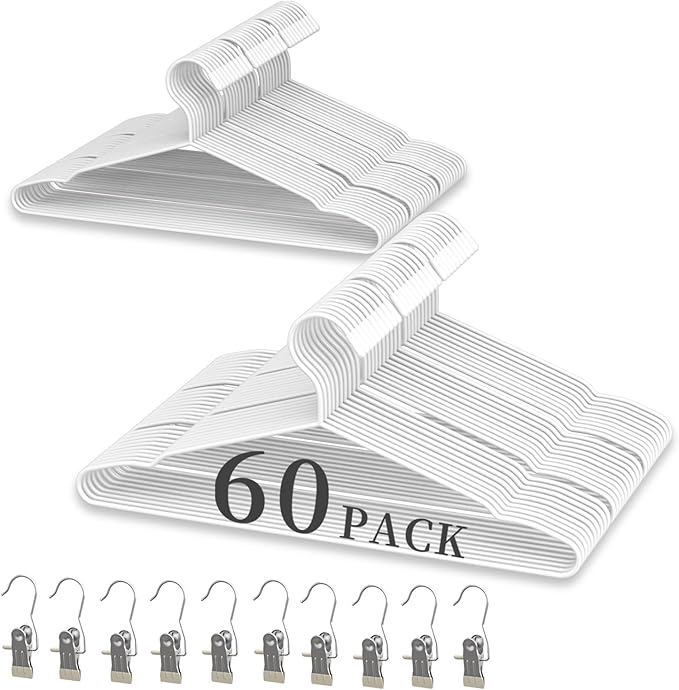 60Pack+10 Clips Luxurious Hanger Set ，16.69" Heavy Duty Matte White Metal HangersWithstands 50lbs Weight Smooth Powder Coated Finish Compact Shirt Hangers