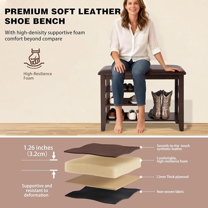 PY HOME & SPORTS Shoe Rack for Entryway 23.6": 3-Tier Shoe Storage Bench, Adjustable/Removable Shelves, Rubberwood Shoe Benches for Hallway, Porch, Bathroom, Brown