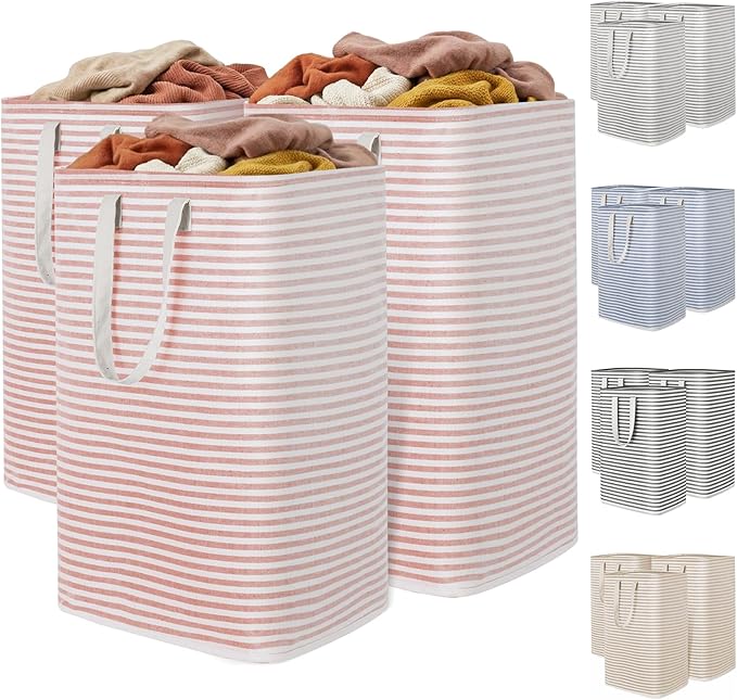 Lifewit 3 Pack Laundry Hamper Large Collapsible Laundry Baskets, Freestanding Waterproof Clothes Hamper with Easy Carry Handles in Laundry Room Bedroom Bathroom College Dorm, Pink, 3 x 80L