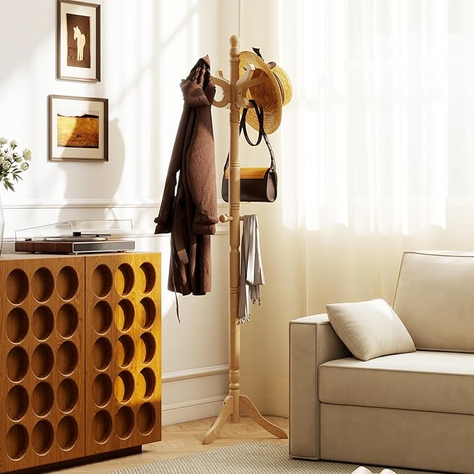 Tangkula Coat Rack Freestanding, Solid Rubber Wood Coat Tree with 11 Hooks and 3 Height Options for Coats, Hats, Bags, Purses, Clothes, Hanger Stand for Entryway Hallway Bedroom Office (Natural)