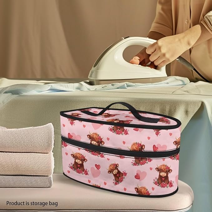 Rose Steam Iron Case Bag for Valentine's Day Highland Cow Print Portable Protective Iron Storage Bag Travel Carrying Case Fits Most Mini Size Irons