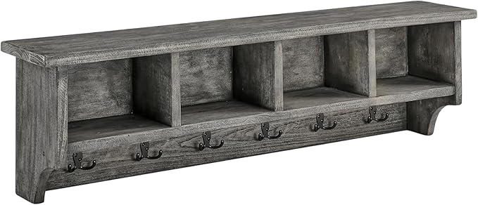 Alaterre Furniture Pomona Entryway Organizer – Rustic Industrial 48-Inch Wall-Mounted Coat Rack with 6 Double Hooks & 4 Open Cubbies – Solid Wood Mudroom Storage for Apartment or Hallway (Slate Grey)