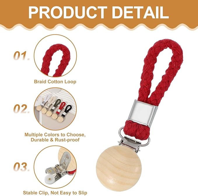 uxcell 5 Pcs Tea Towel Clips with Cotton Loop for Hanging, 4.3 Inch Metal Towel Hooks Multipurpose Cloth Hangers for Home Kitchen Bathroom, Red(Wooden)