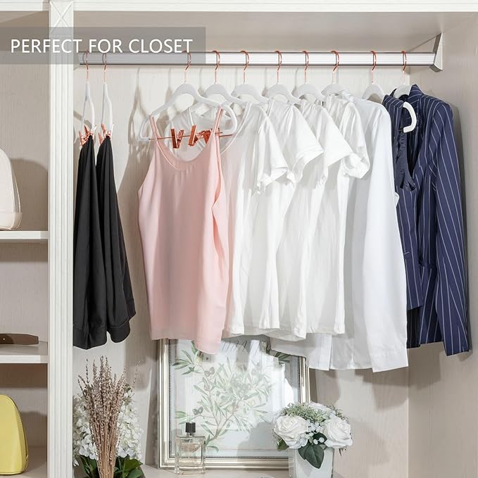 MIZGI Premium Velvet Pants Hangers with Clips (Pack of 10) Slim Skirt Hangers- Non Slip Felt Outfit Dress Hangers White - Copper/Rose Gold Hooks,Space Saving Shirt Clothes Hangers