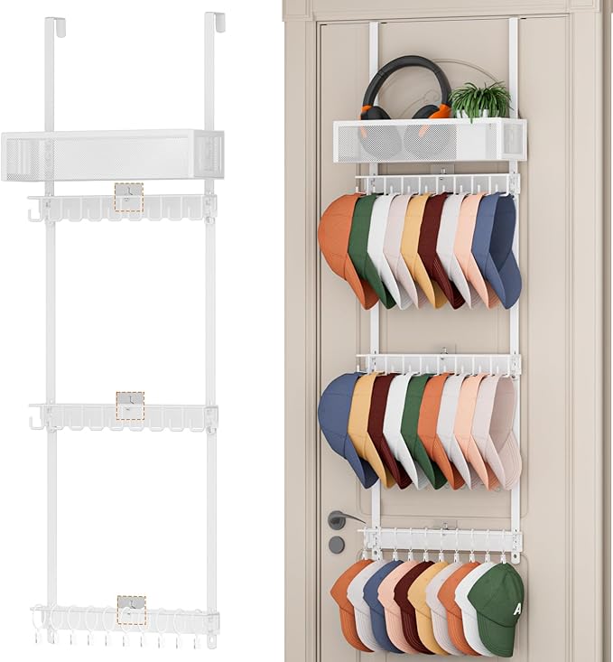 3 Tier Over Door Hat Rack with Basket - Hat Organizer Holder for Baseball Cap with 18 Hooks and 10 Movable Clips,Hat Hanger Storage Holds up to 28+ Caps for Door, Bedroom, Closet (White)