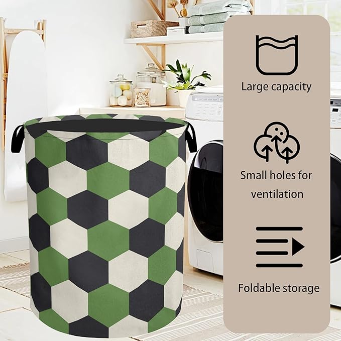 Soccer Large Clothes Hamper Bag - Laundry Basket with Handles, Space Saving Foldable Design for Nursery