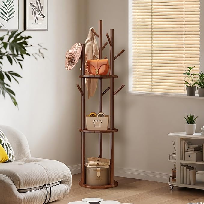 Simcat Wood Coat Rack with 3 Shelves and 9 Hooks Coat Tree Hanger Freestanding Coat Rack for Bedroom, Hallway, Entrance, Office, for Hats, Coats, Scarves, Handbags (Fixed rack walnut color)
