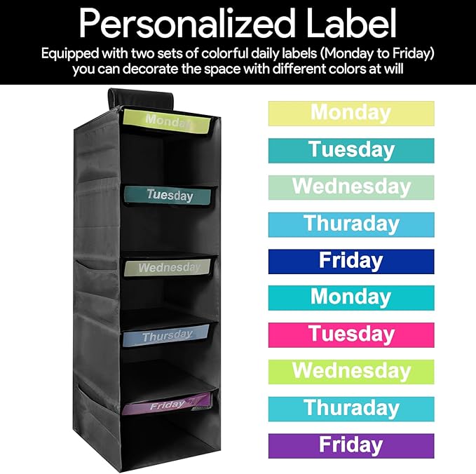 5-Shelf Weekly Clothes Organizer for Kids, Collapsible Hanging Closet Shelves, Baby Closet Organizers and Storage with 6 Side Pockets, Daily Clothing Divider for Boys and Girls (Black)