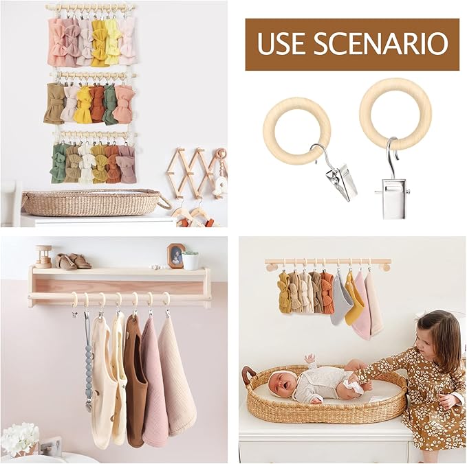 POVETIRE 30 Pack 2.5 Inch Wood Rings with Clips for Hanging Baby Headband Hair Accessories Baby Bib NecklaceJewelry Hat Holder
