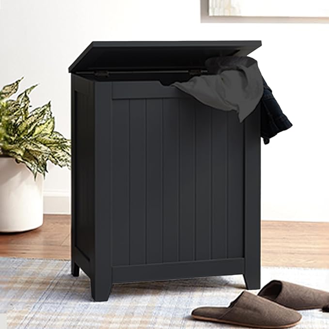 Redmon Clothes Hamper with Lid, Country Wainscot Style Freestanding Laundry Basket, Black