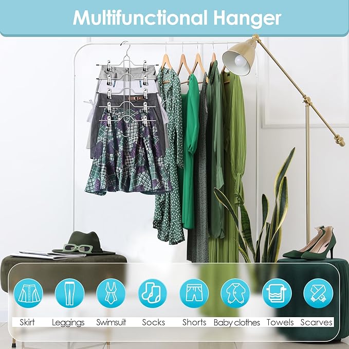 Skirt Hangers with Clips, Jadkysarh 5 Tier Pants Skirt Hangers Space Saving Multi Shorts Hangers with Adjustable Clips Closet Organizer and Storage for Jeans, Leggings 4 Pack