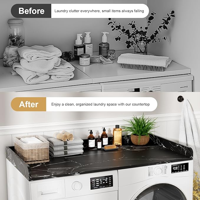Washer Dryer Countertop, 27.5 x 54 Inch Washer and Dryer Countertop for Laundry Room Organization with Edge Wooden, Black Marble